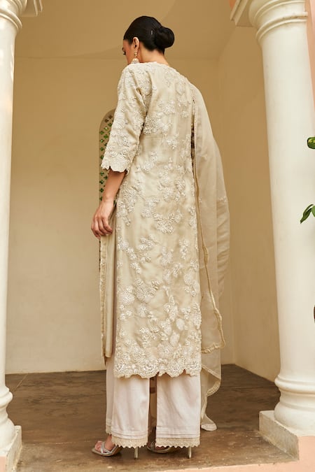 Shop Osaa By Adarsh Beige Organza Embroidery, Applique Thread Kurta Pant Set at Aza Fashions Shop_Osaa By Adarsh_Beige Organza Embroidery, Applique Thread Kurta Pant Set_at_Aza_Fashions