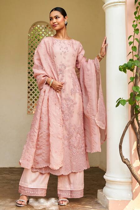 Osaa by Adarsh Pink Organza Embroidery Thread Boat Neck Kurta Set 