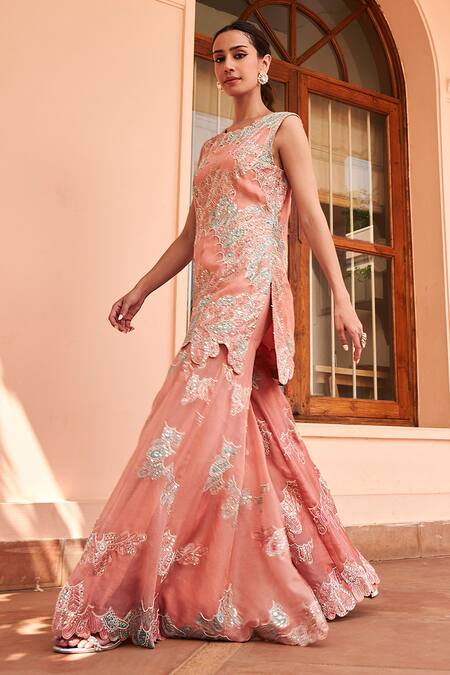 Osaa By Adarsh Coral Organza Embroidery, Zari Round Neck Dori Kurta Sharara Set Online at Aza Fashions Osaa By Adarsh_Coral Organza Embroidery, Zari Round Neck Dori Kurta Sharara Set_Online_at_Aza_Fashions