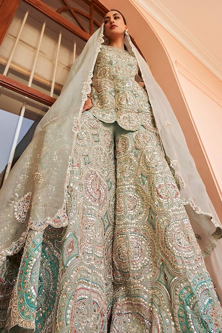 Osaa By Adarsh Blue Organza Embroidery, Zari Round Neck Geometric Kurta Sharara Set Online at Aza Fashions Osaa By Adarsh_Blue Organza Embroidery, Zari Round Neck Geometric Kurta Sharara Set _Online_at_Aza_Fashions