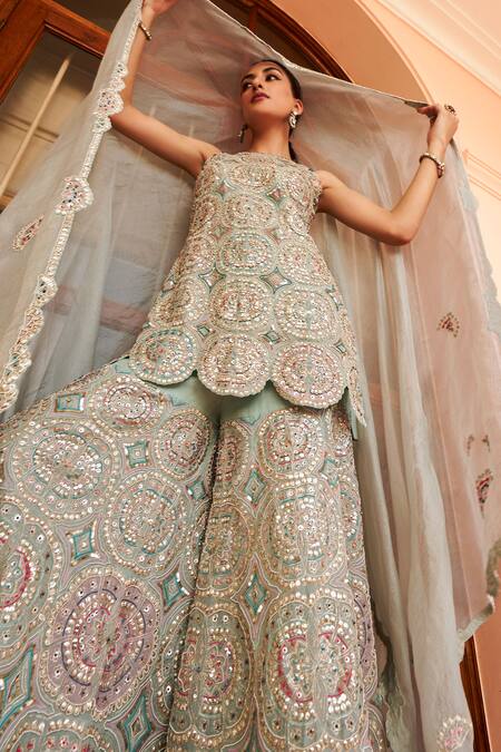 Buy Osaa By Adarsh Blue Organza Embroidery, Zari Round Neck Geometric Kurta Sharara Set Online at Aza Fashions Buy_Osaa By Adarsh_Blue Organza Embroidery, Zari Round Neck Geometric Kurta Sharara Set _Online_at_Aza_Fashions