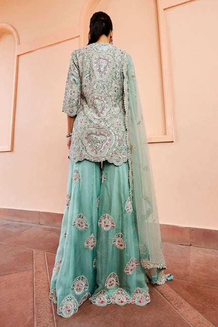 Shop_Osaa By Adarsh_Blue Organza Embroidery, Cut Work Round Neck Kurta Sharara Set_at_Aza_Fashions
