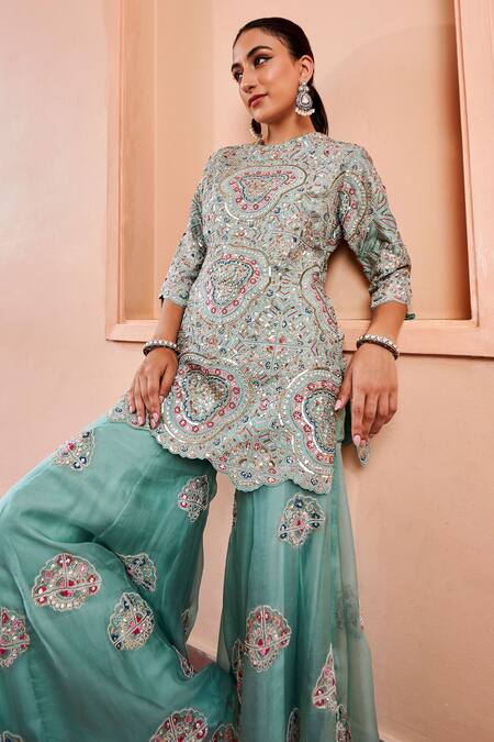 Osaa By Adarsh_Blue Organza Embroidery, Cut Work Round Neck Kurta Sharara Set_Online_at_Aza_Fashions