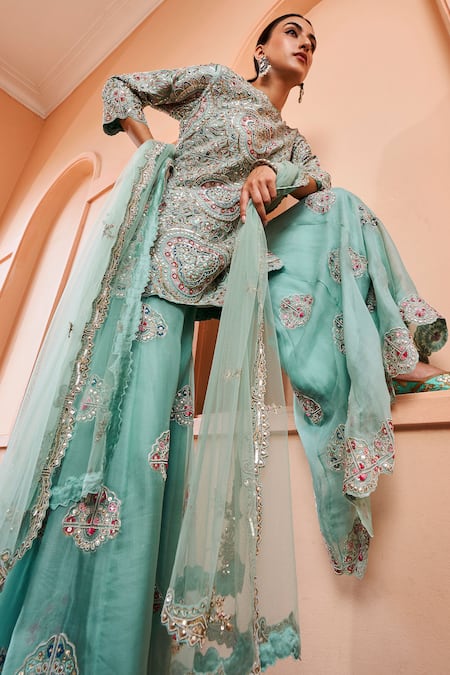 Buy_Osaa By Adarsh_Blue Organza Embroidery, Cut Work Round Neck Kurta Sharara Set_Online_at_Aza_Fashions