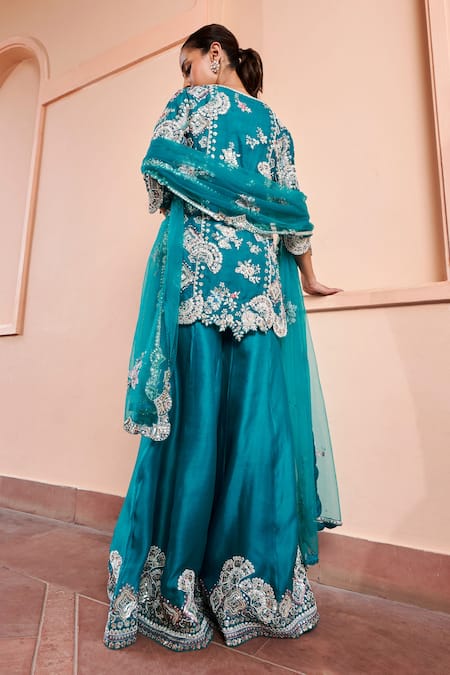 Shop_Osaa By Adarsh_Green Organza Zari, Embroidery, Sequins Round Neck Floral Kurta Set _at_Aza_Fashions