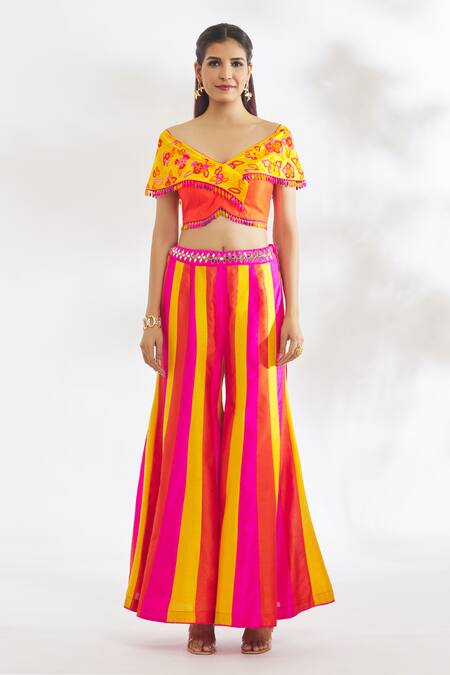 Vandana Sethi_Multi Color Silk Beads Embroidered Blouse And Colorblock Striped Sharara Set _Online_at_Aza_Fashions