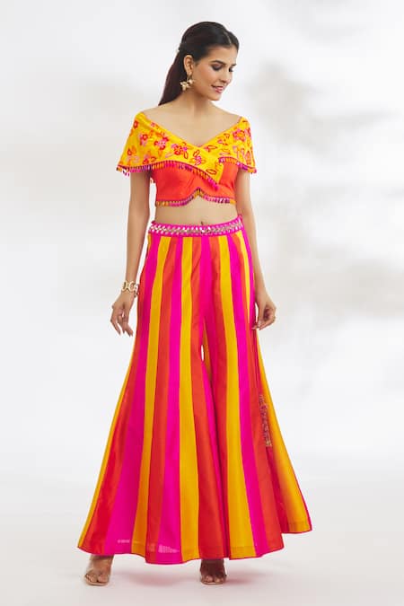 Buy_Vandana Sethi_Multi Color Silk Beads Embroidered Blouse And Colorblock Striped Sharara Set _Online_at_Aza_Fashions