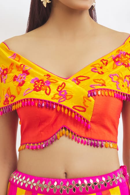 Shop_Vandana Sethi_Multi Color Silk Beads Embroidered Blouse And Colorblock Striped Sharara Set _Online_at_Aza_Fashions