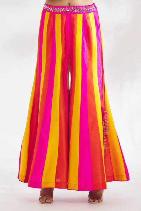 Vandana Sethi_Multi Color Silk Beads Embroidered Blouse And Colorblock Striped Sharara Set _at_Aza_Fashions