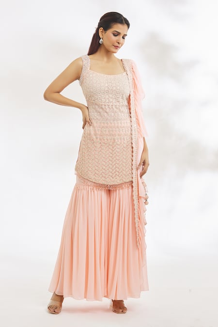 Vandana Sethi Chikankari Embroidered Short Kurta Gharara Set 