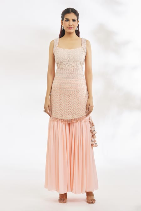Vandana Sethi_Peach Georgette Embroidery, Stones, Chikankari Short Kurta Gharara Set _Online_at_Aza_Fashions