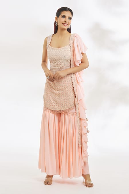 Buy_Vandana Sethi_Peach Georgette Embroidery, Stones, Chikankari Short Kurta Gharara Set _Online_at_Aza_Fashions