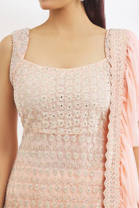 Shop_Vandana Sethi_Peach Georgette Embroidery, Stones, Chikankari Short Kurta Gharara Set _Online_at_Aza_Fashions