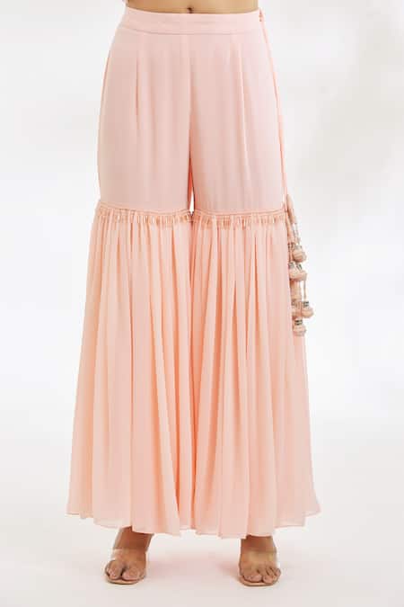 Vandana Sethi_Peach Georgette Embroidery, Stones, Chikankari Short Kurta Gharara Set _at_Aza_Fashions