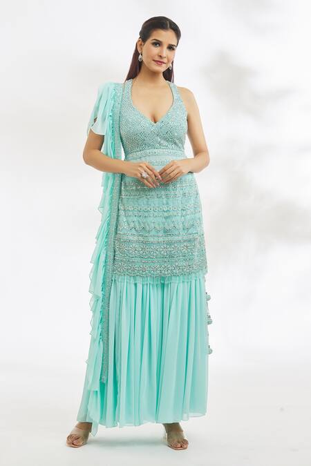 Vandana Sethi Blue Georgette Embroidery, Stones, Smocking, Chikankari Kurta Gharara Set