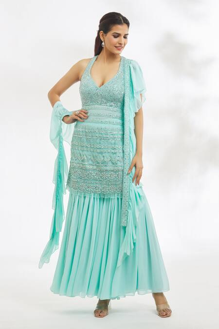 Vandana Sethi_Blue Georgette Embroidery, Stones, Smocking, Chikankari Kurta Gharara Set_Online_at_Aza_Fashions