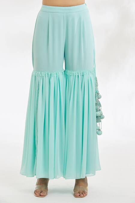 Shop_Vandana Sethi_Blue Georgette Embroidery, Stones, Smocking, Chikankari Kurta Gharara Set_Online_at_Aza_Fashions