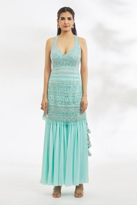 Vandana Sethi_Blue Georgette Embroidery, Stones, Smocking, Chikankari Kurta Gharara Set_at_Aza_Fashions