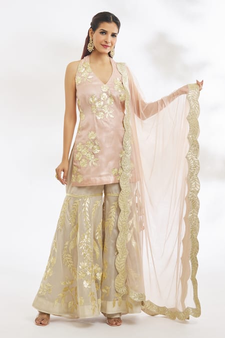 Vandana Sethi Peach Organza, Net Embroidery, Gota Patti Halter Neck Floral Kurta Gharara Set Online at Aza Fashions Vandana Sethi_Peach Organza, Net Embroidery, Gota Patti Halter Neck Floral Kurta Gharara Set _Online_at_Aza_Fashions