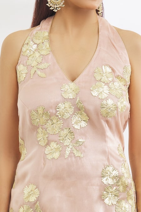 Buy Vandana Sethi Peach Organza, Net Embroidery, Gota Patti Halter Neck Floral Kurta Gharara Set Online at Aza Fashions Buy_Vandana Sethi_Peach Organza, Net Embroidery, Gota Patti Halter Neck Floral Kurta Gharara Set _Online_at_Aza_Fashions