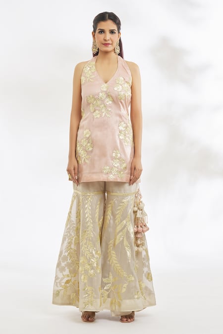Vandana Sethi Peach Organza, Net Embroidery, Gota Patti Halter Neck Floral Kurta Gharara Set at Aza Fashions Vandana Sethi_Peach Organza, Net Embroidery, Gota Patti Halter Neck Floral Kurta Gharara Set _at_Aza_Fashions
