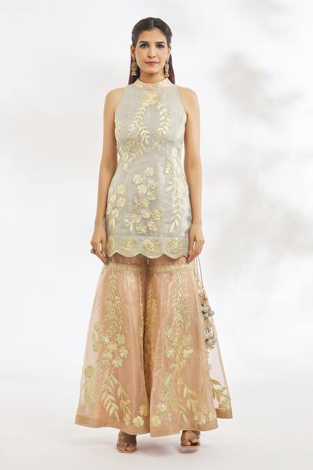 Vandana Sethi Grey Organza, Net Embroidery Halter Neck Gota Kurta Gharara Set Online at Aza Fashions Vandana Sethi_Grey Organza, Net Embroidery Halter Neck Gota Kurta Gharara Set _Online_at_Aza_Fashions