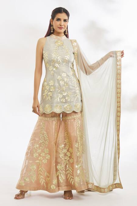 Buy Vandana Sethi Grey Organza, Net Embroidery Halter Neck Gota Kurta Gharara Set Online at Aza Fashions Buy_Vandana Sethi_Grey Organza, Net Embroidery Halter Neck Gota Kurta Gharara Set _Online_at_Aza_Fashions