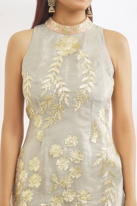 Shop Vandana Sethi Grey Organza, Net Embroidery Halter Neck Gota Kurta Gharara Set Online at Aza Fashions Shop_Vandana Sethi_Grey Organza, Net Embroidery Halter Neck Gota Kurta Gharara Set _Online_at_Aza_Fashions