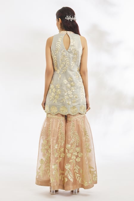 Shop Vandana Sethi Grey Organza, Net Embroidery Halter Neck Gota Kurta Gharara Set at Aza Fashions Shop_Vandana Sethi_Grey Organza, Net Embroidery Halter Neck Gota Kurta Gharara Set _at_Aza_Fashions