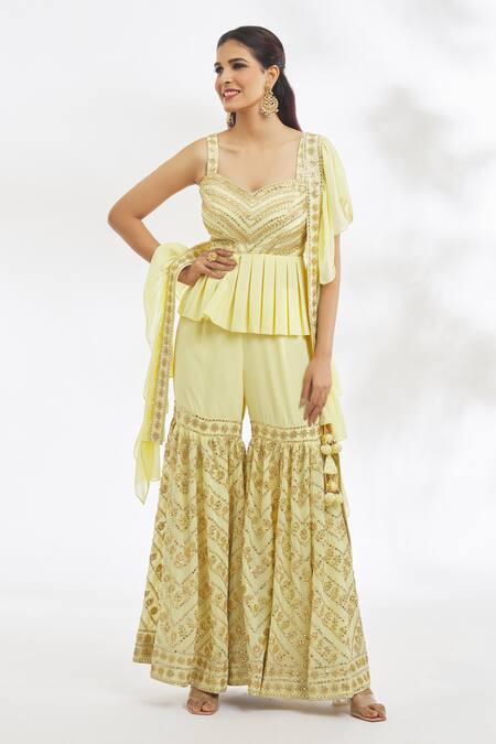 Vandana Sethi_Yellow Georgette Gota Patti, Mirrors, Embroidery Peplum Top Gharara Set _Online_at_Aza_Fashions