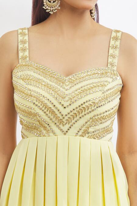 Buy_Vandana Sethi_Yellow Georgette Gota Patti, Mirrors, Embroidery Peplum Top Gharara Set _Online_at_Aza_Fashions