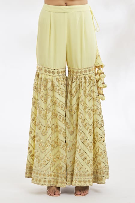 Shop_Vandana Sethi_Yellow Georgette Gota Patti, Mirrors, Embroidery Peplum Top Gharara Set _Online_at_Aza_Fashions