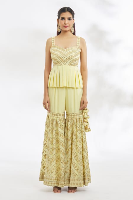 Vandana Sethi_Yellow Georgette Gota Patti, Mirrors, Embroidery Peplum Top Gharara Set _at_Aza_Fashions