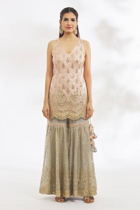 Vandana Sethi Peach Organza, Net Mirrors, Gota Patti V-neck Embroidered Kurta Gharara Set Online at Aza Fashions Vandana Sethi_Peach Organza, Net Mirrors, Gota Patti V-neck Embroidered Kurta Gharara Set _Online_at_Aza_Fashions