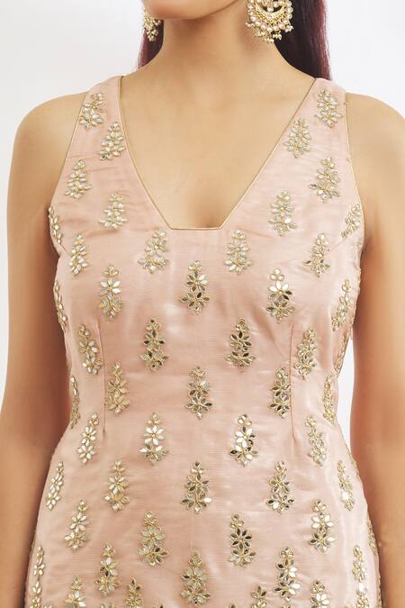 Buy Vandana Sethi Peach Organza, Net Mirrors, Gota Patti V-neck Embroidered Kurta Gharara Set Online at Aza Fashions Buy_Vandana Sethi_Peach Organza, Net Mirrors, Gota Patti V-neck Embroidered Kurta Gharara Set _Online_at_Aza_Fashions