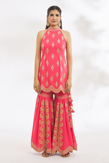 Vandana Sethi_Pink Georgette, Net Gota Patti High Neck, Halter Embroidered Kurta Gharara Set _Online_at_Aza_Fashions