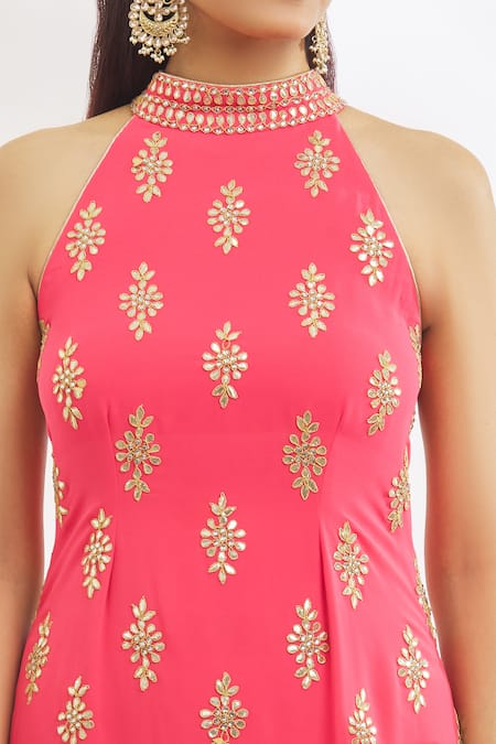 Buy_Vandana Sethi_Pink Georgette, Net Gota Patti High Neck, Halter Embroidered Kurta Gharara Set _Online_at_Aza_Fashions