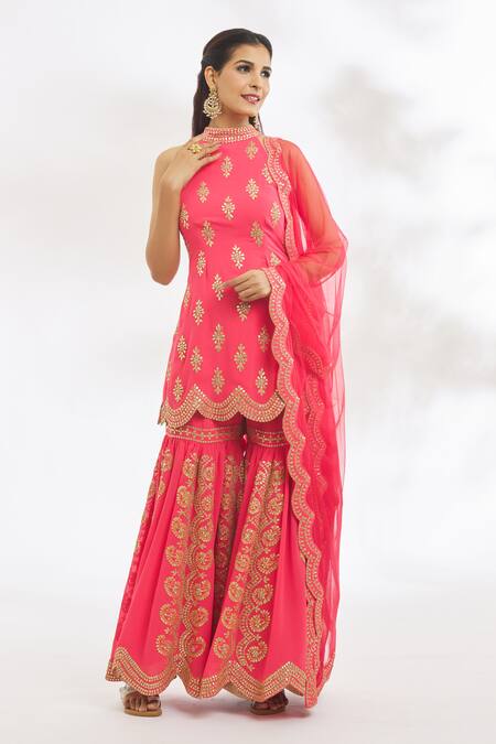 Shop_Vandana Sethi_Pink Georgette, Net Gota Patti High Neck, Halter Embroidered Kurta Gharara Set _Online_at_Aza_Fashions