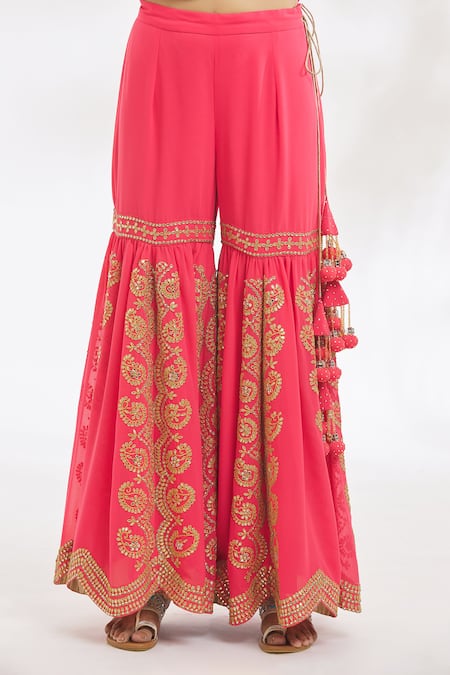 Vandana Sethi_Pink Georgette, Net Gota Patti High Neck, Halter Embroidered Kurta Gharara Set _at_Aza_Fashions
