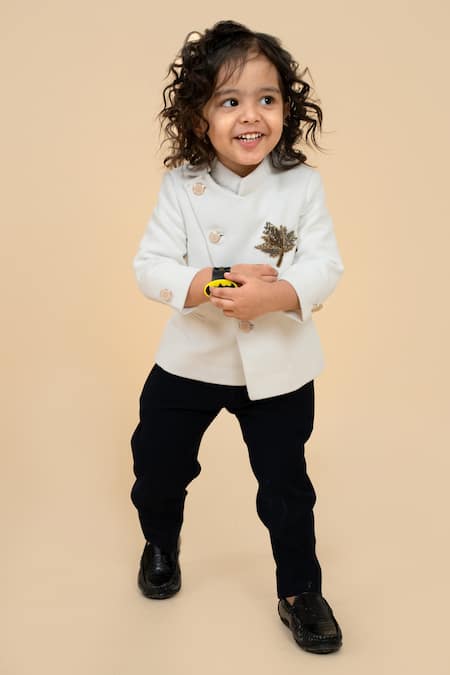 Shop Little Boys Closet White Cotton Embroidery Textured Angarkha Bandhgala With Pant at Aza Fashions Shop_Little Boys Closet_White Cotton Embroidery Textured Angarkha Bandhgala With Pant _at_Aza_Fashions