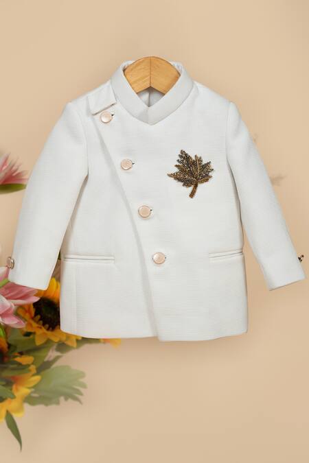 Shop Little Boys Closet White Cotton Embroidery Textured Angarkha Bandhgala With Pant Online at Aza Fashions Shop_Little Boys Closet_White Cotton Embroidery Textured Angarkha Bandhgala With Pant _Online_at_Aza_Fashions