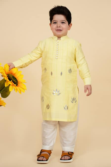 Little Boys Closet Yellow Cotton, Silk Gota Patti Embroidered Kurta With Pyjama 