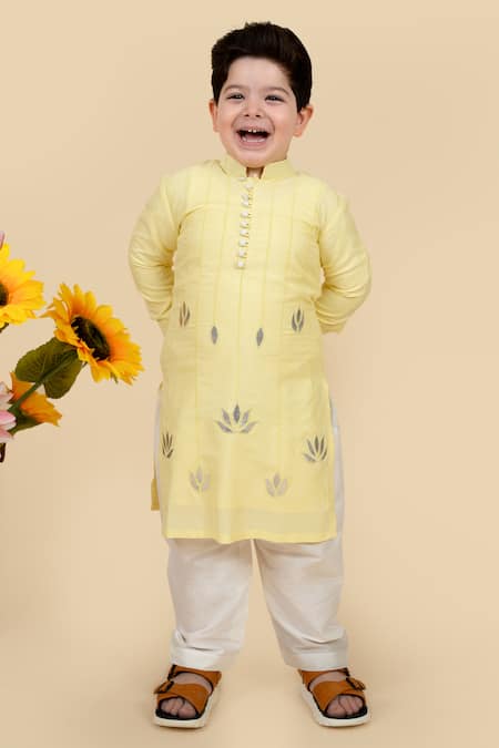 Shop Little Boys Closet Yellow Cotton, Silk Gota Patti Embroidered Kurta With Pyjama at Aza Fashions Shop_Little Boys Closet_Yellow Cotton, Silk Gota Patti Embroidered Kurta With Pyjama _at_Aza_Fashions