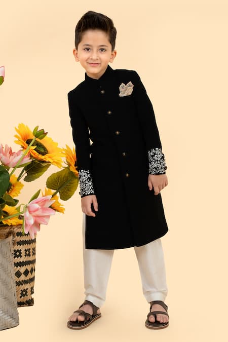 Shop Little Boys Closet Black Cotton Embroidery Straight Sherwani With Pant at Aza Fashions Shop_Little Boys Closet_Black Cotton Embroidery Straight Sherwani With Pant _at_Aza_Fashions