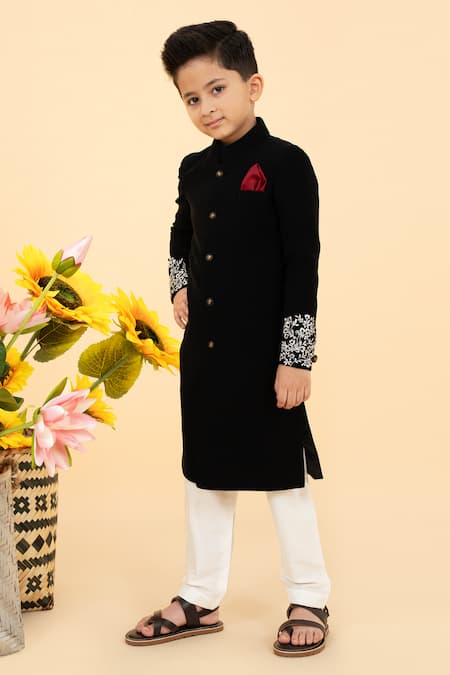 Little Boys Closet Black Cotton Embroidery Straight Sherwani With Pant Online at Aza Fashions Little Boys Closet_Black Cotton Embroidery Straight Sherwani With Pant _Online_at_Aza_Fashions