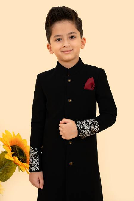 Shop Little Boys Closet Black Cotton Embroidery Straight Sherwani With Pant Online at Aza Fashions Shop_Little Boys Closet_Black Cotton Embroidery Straight Sherwani With Pant _Online_at_Aza_Fashions