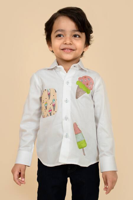 Shop Little Boys Closet White Cotton Satin Embroidery Ice Cream Shirt at Aza Fashions Shop_Little Boys Closet_White Cotton Satin Embroidery Ice Cream Shirt_at_Aza_Fashions