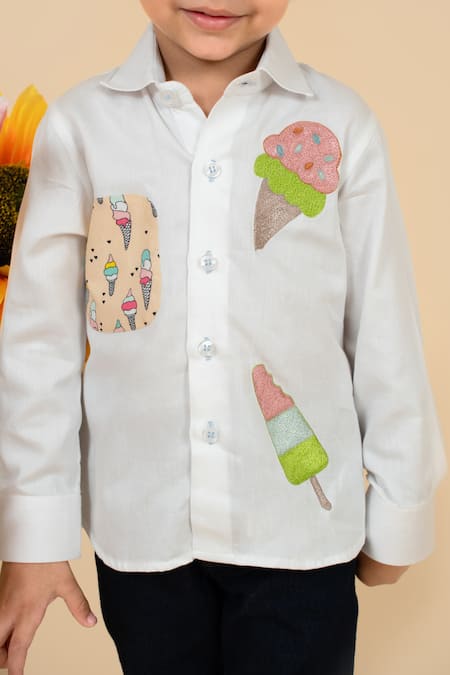 Little Boys Closet White Cotton Satin Embroidery Ice Cream Shirt Online at Aza Fashions Little Boys Closet_White Cotton Satin Embroidery Ice Cream Shirt_Online_at_Aza_Fashions