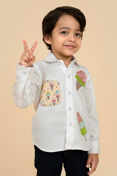 Buy Little Boys Closet White Cotton Satin Embroidery Ice Cream Shirt Online at Aza Fashions Buy_Little Boys Closet_White Cotton Satin Embroidery Ice Cream Shirt_Online_at_Aza_Fashions
