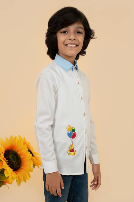 Little Boys Closet_White Cotton Satin Embroidery Winnie The Pooh Placement Shirt_Online_at_Aza_Fashions